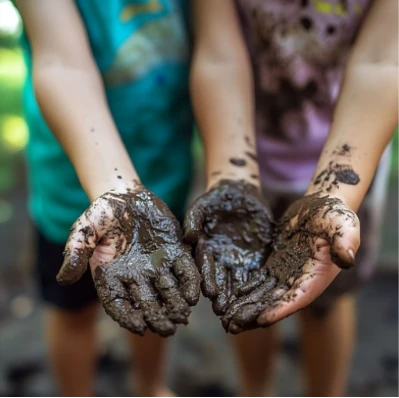 Mains d'enfants couvertes de boue et de terre, contact avec la nature pour renforcer l'immunité
