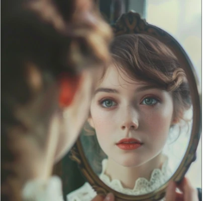 Femme regardant son reflet dans un miroir ancien — invitation à l'auto-observation et à la conscience corporelle