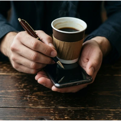 Entrepreneur sous pression tenant un café et un stylo, symbole du stress au travail et de l'identité héroïque