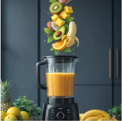 Blender rempli d'un smoothie orange onctueux avec des fruits tropicaux — mangue, kiwi, banane, avocat — qui tombent dedans, sur fond de cuisine moderne