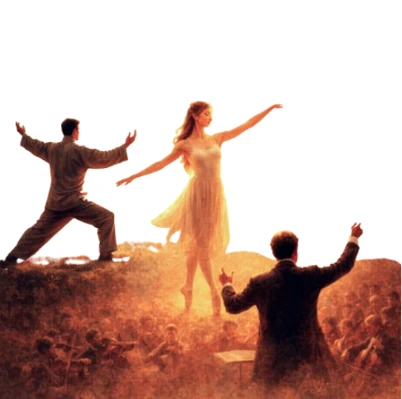 Maître de Tai Chi en posture d'équilibre, ballerine gracieuse et chef d'orchestre dirigeant, symbolisant l'harmonie corps-esprit et l'énergie vitale