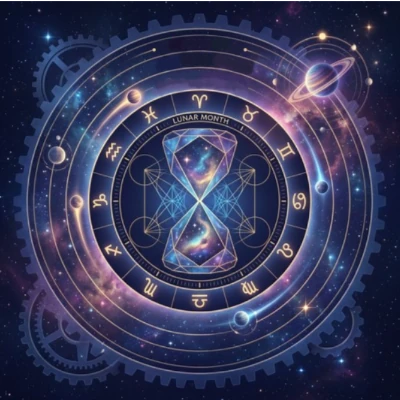 Thème astral et cycles du stress — roue astrologique cosmique avec sablier