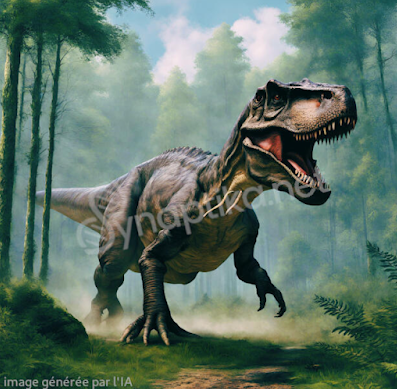 Illustration d'un tyrannosaure dans un contexte de survie préhistorique