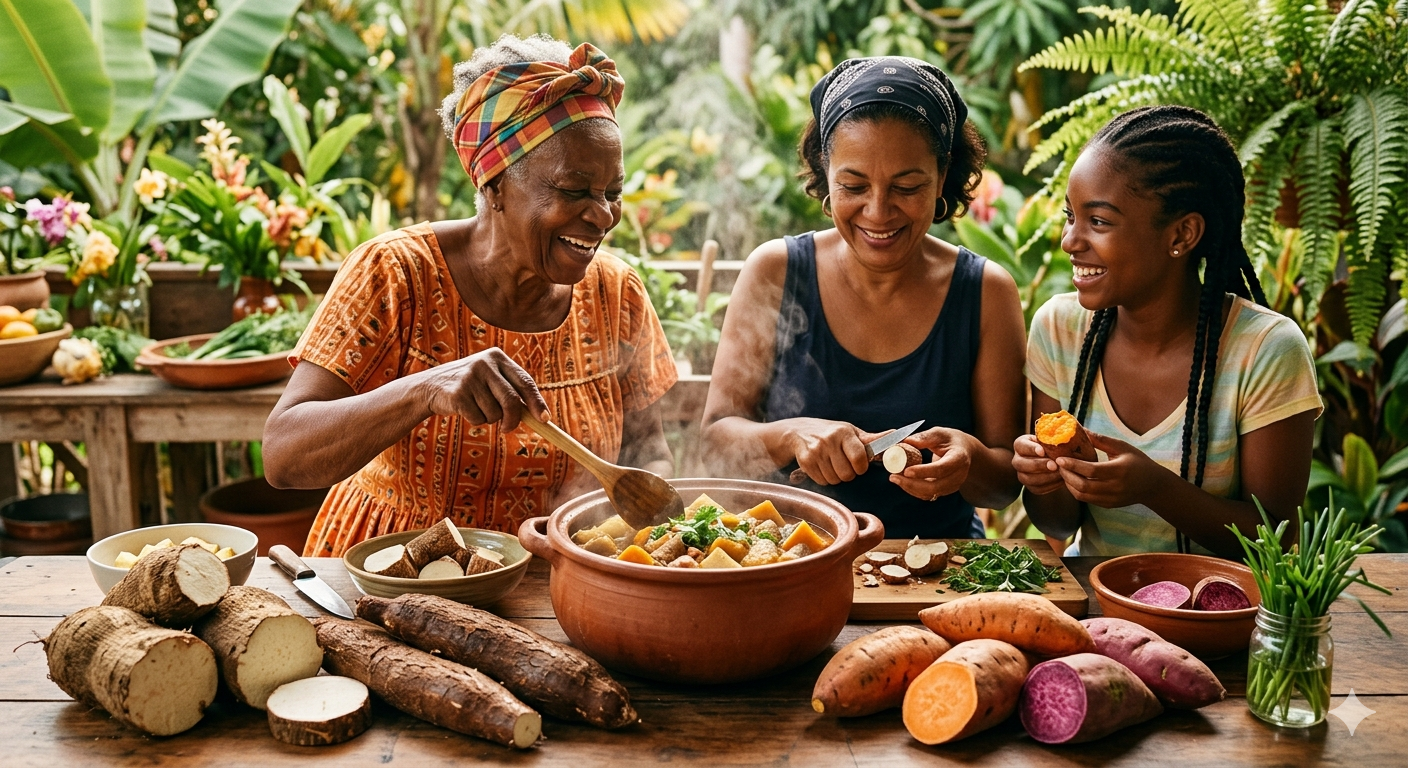 Trois générations de femmes martiniquaises cuisinant ensemble avec igname, manioc et patate douce dans un jardin tropical